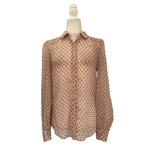 REISS Blouse Semi Sheer Button Front Polka Dot Blouse in Blush and Black - Picture 10 of 10